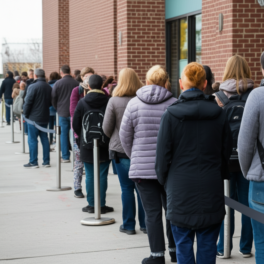 A long queue of people waiting for unemployment benefits, illustrating job losses during an economic crisis.