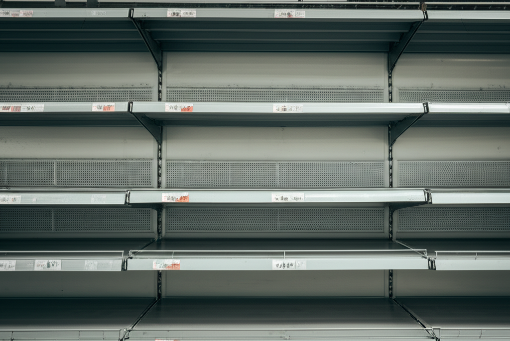 Empty supermarket shelves showing the impact of inflation during an economic crisis.