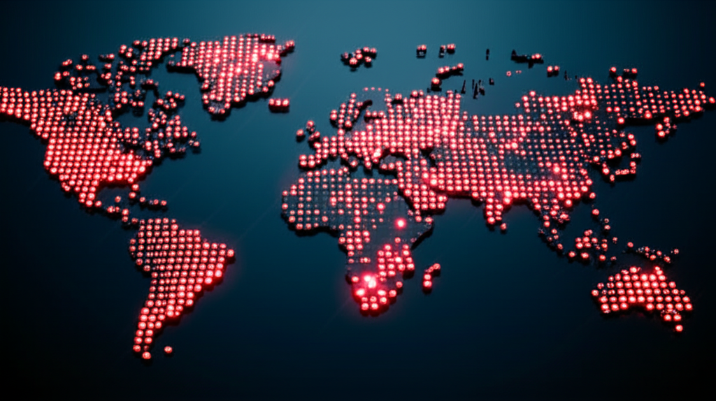 A global map with flashing red lights indicating economic instability worldwide.