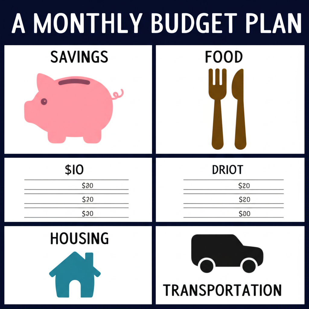 Infographic showing a simple monthly budget plan.