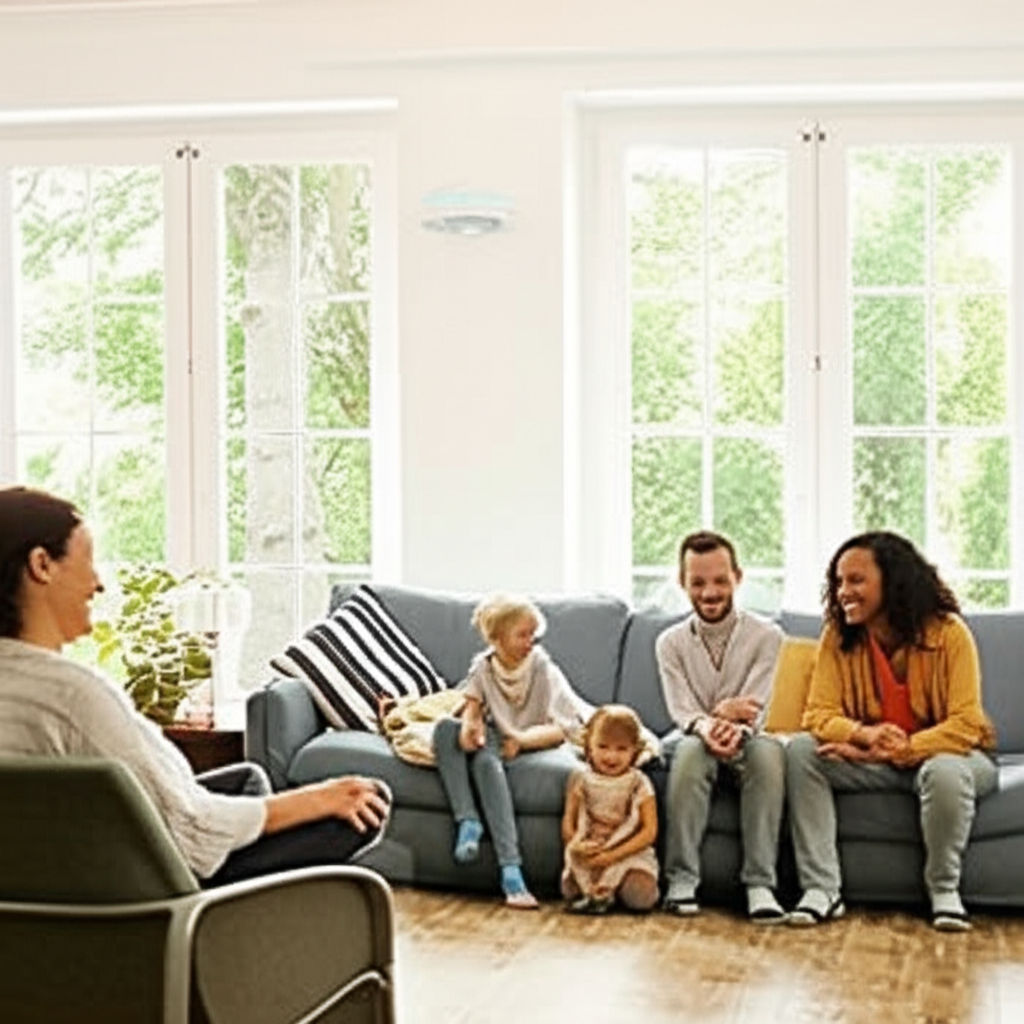 LED aydınlatmaya sahip rahat bir oturma odasında vakit geçiren bir ailenin fotoğrafı, enerji verimliliği ve sıcaklığı sergiliyor