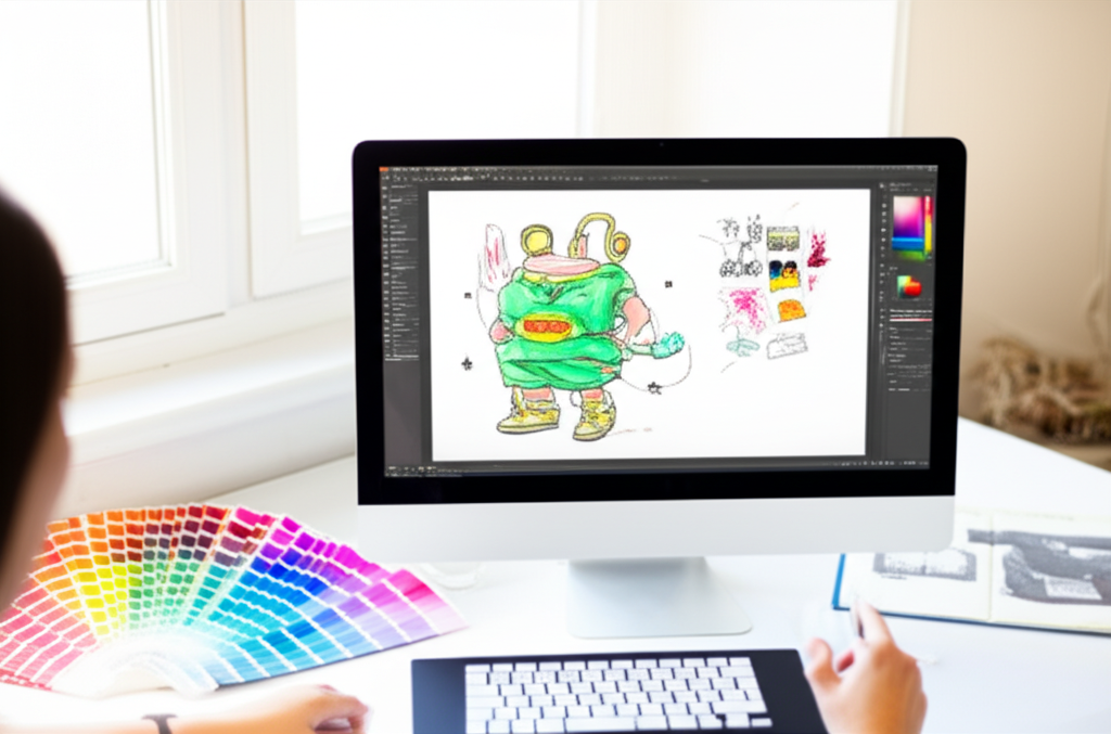 A person using graphic design software in a creative workspace.