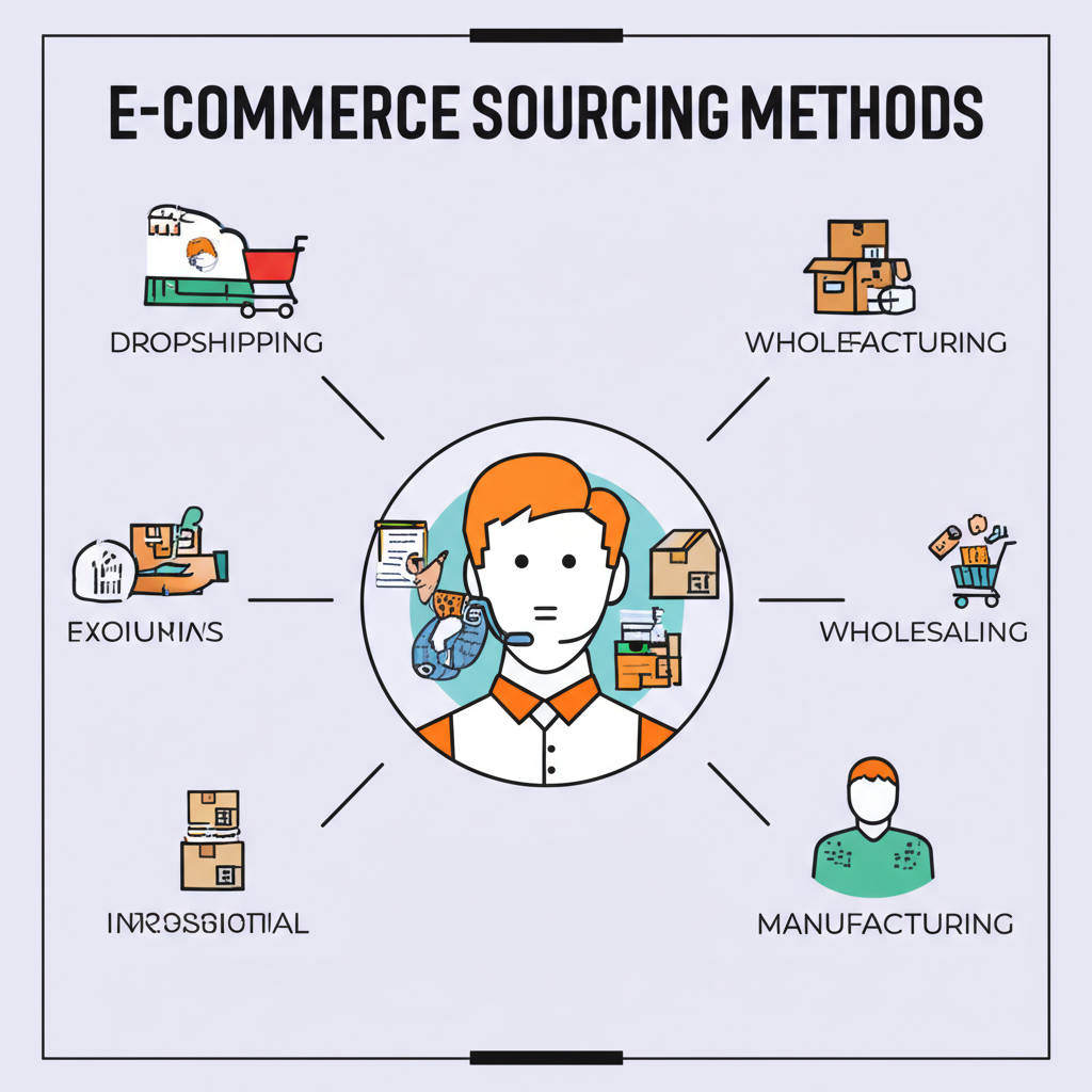 Dropshipping, toptan satış ve üretim gibi farklı e-ticaret ürün tedarik yöntemlerini gösteren bir infografik.